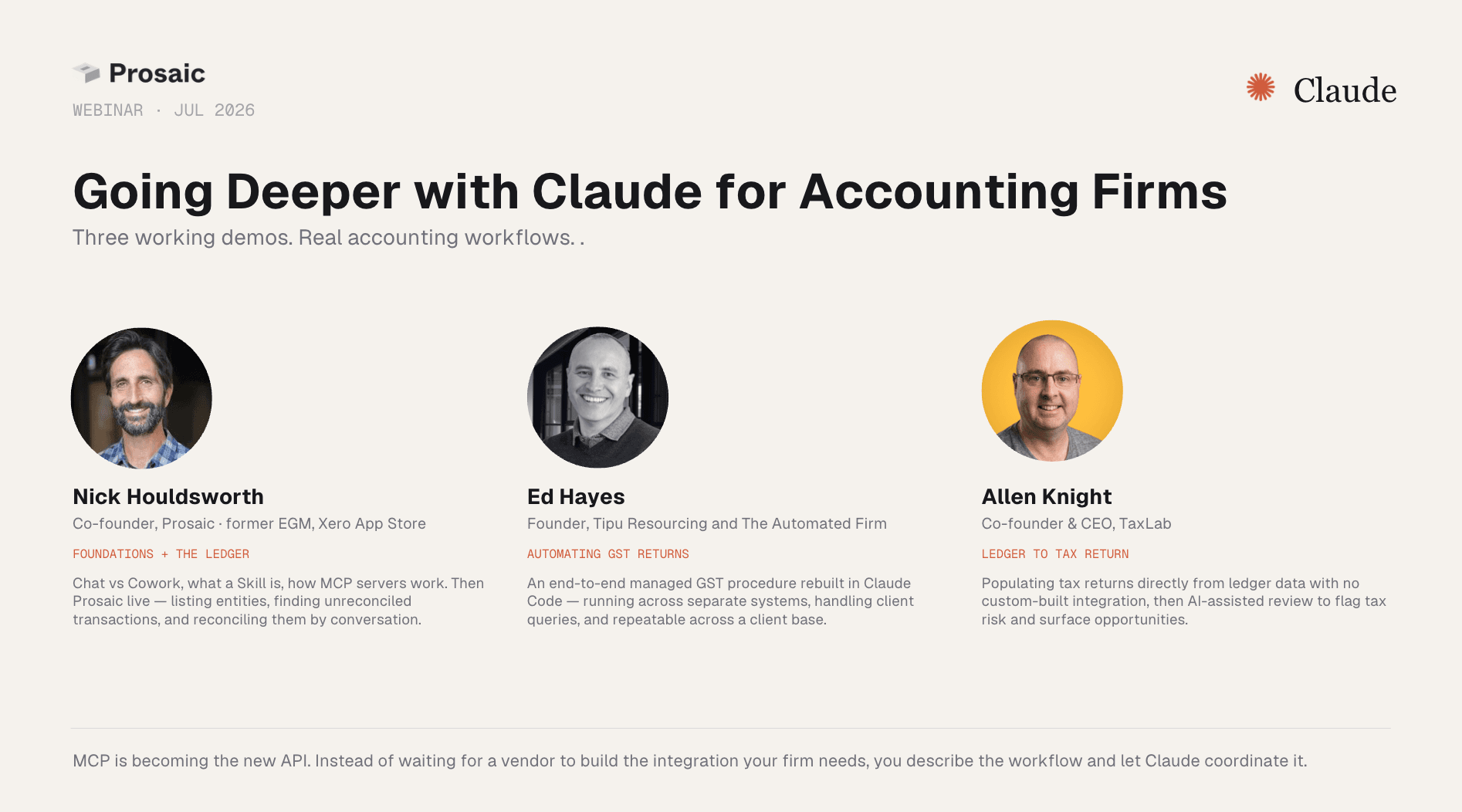 Opening slide — Going Deeper with Claude for Accounting Firms, Prosaic and Claude